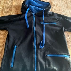Kids XL Hoodie, black with blue zippered pockets and hoodie blue on inside.